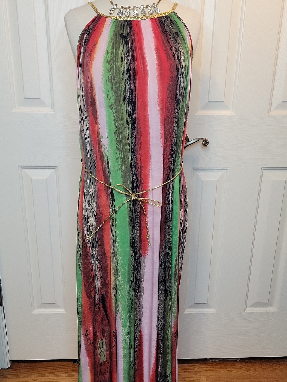Striped Halter Maxi Dress with Gem Neckline - Multicolor